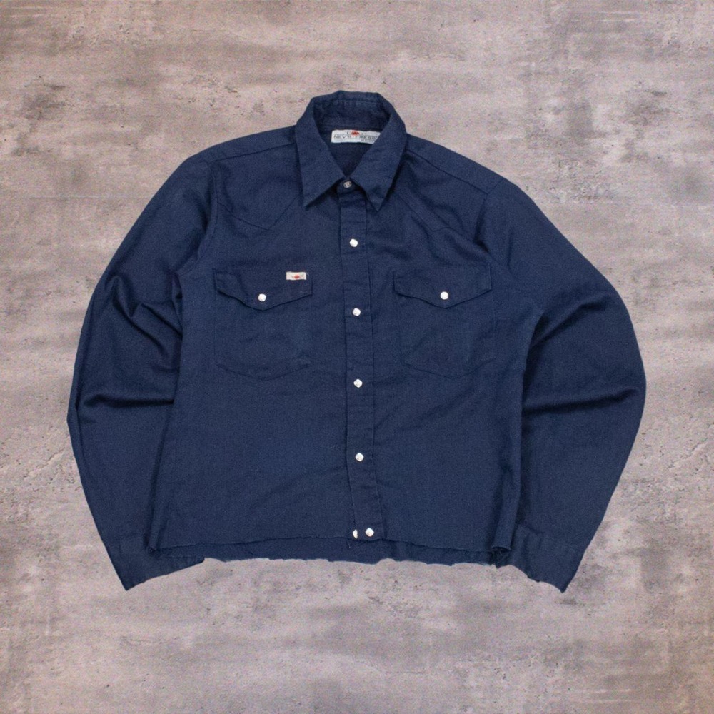 Vintage 70's GWG Workwear Pearl Snap Cropped Navy Cotton Western Style Shirt